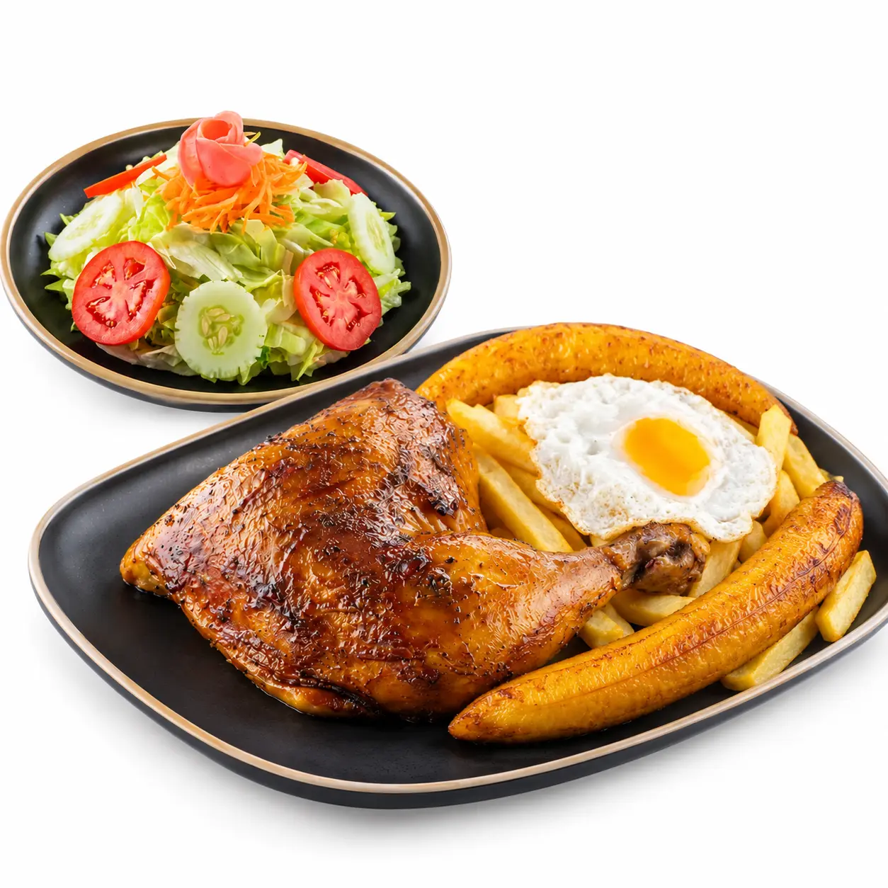 1/4 Pollo a lo pobre: 1/4 pollo a la brasa con papas fritas, arroz blanco, huevo, platano frito y cremas