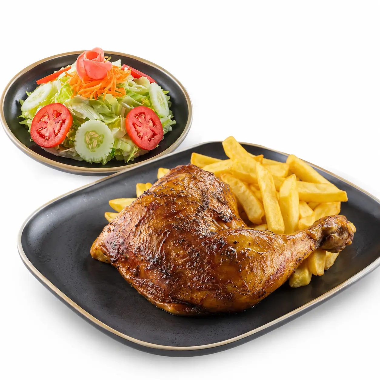 1/4 Pollo a la brasa: 1/4 pollo a la brasa con papas fritas, ensalada y cremas