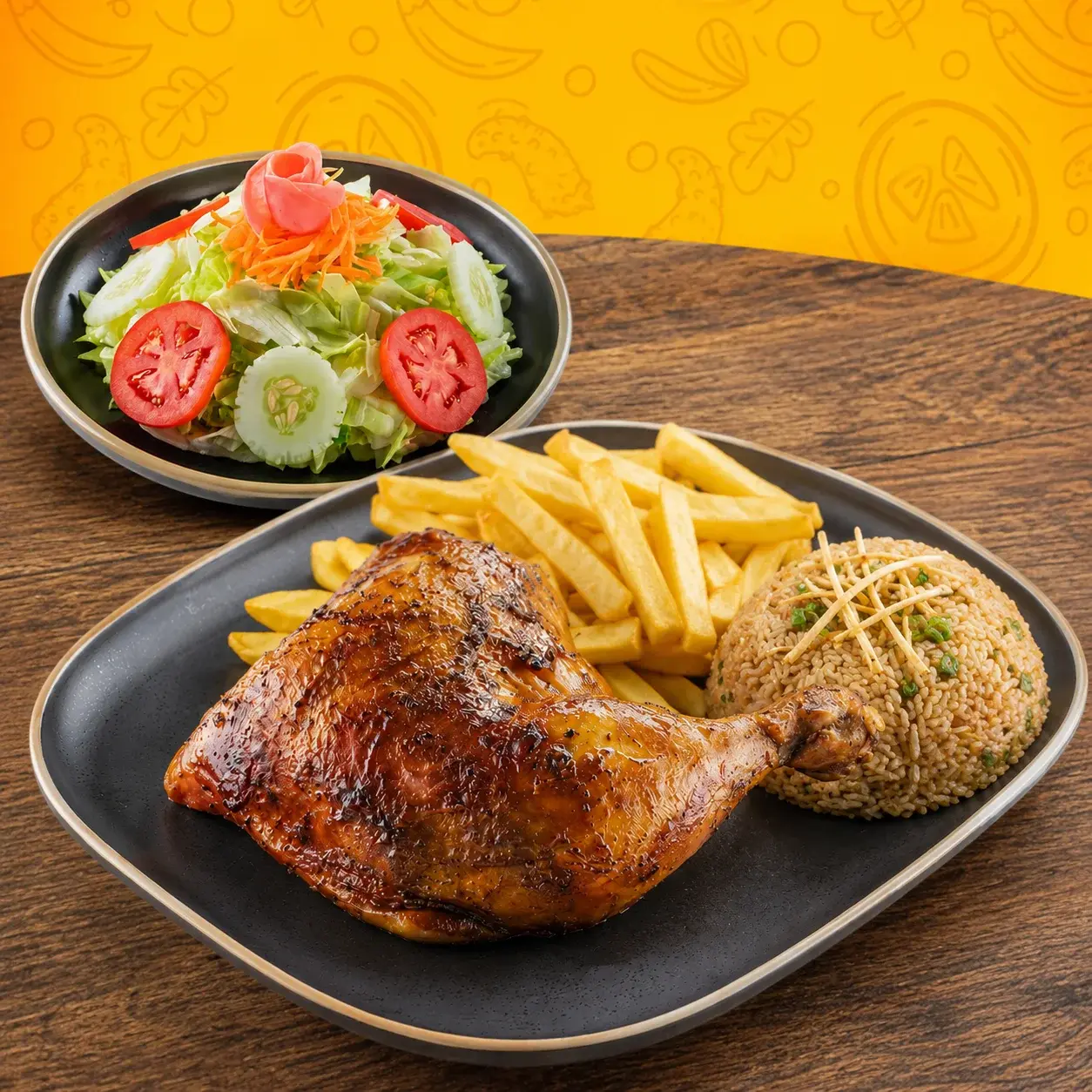 Mostro: 1/4 pollo a la brasa + arroz chaufa + papas fritas y cremas