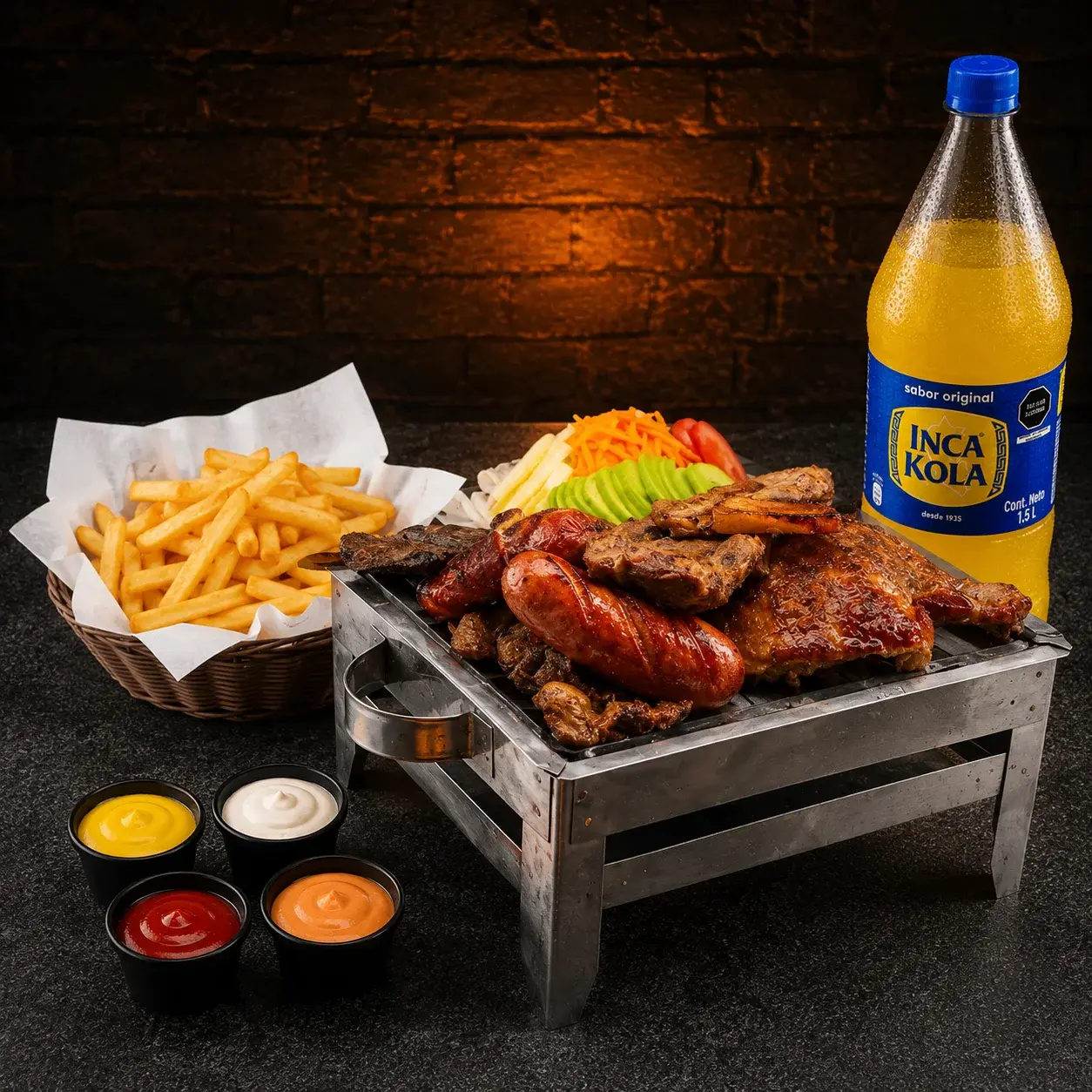 Media Parrilla Familiar: 1 bife 250 g + chuleta + deshuesado + 1 palito de anticucho + 2 chorizos + mollejas + 1/4 pollo a la brasa + papas fritas + ensalada fresca + gaseosa 1.5 L