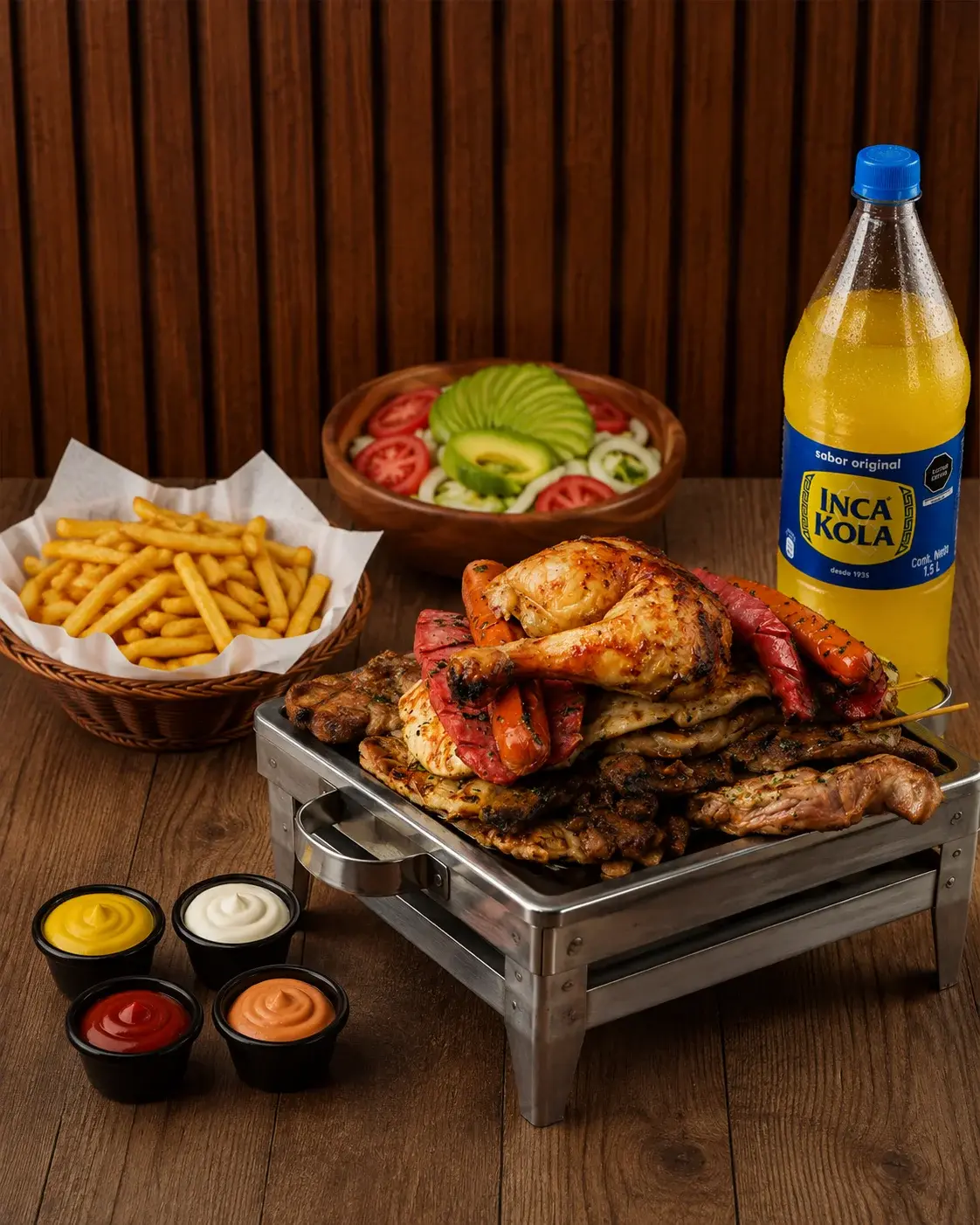Parrilla Mixta: Churrasco + chuleta + deshuesado + palito de anticucho + 2 chorizos + molleja + 1/4 pollo a la brasa + papas fritas + ensalada fresca + gaseosa 1.5 L
