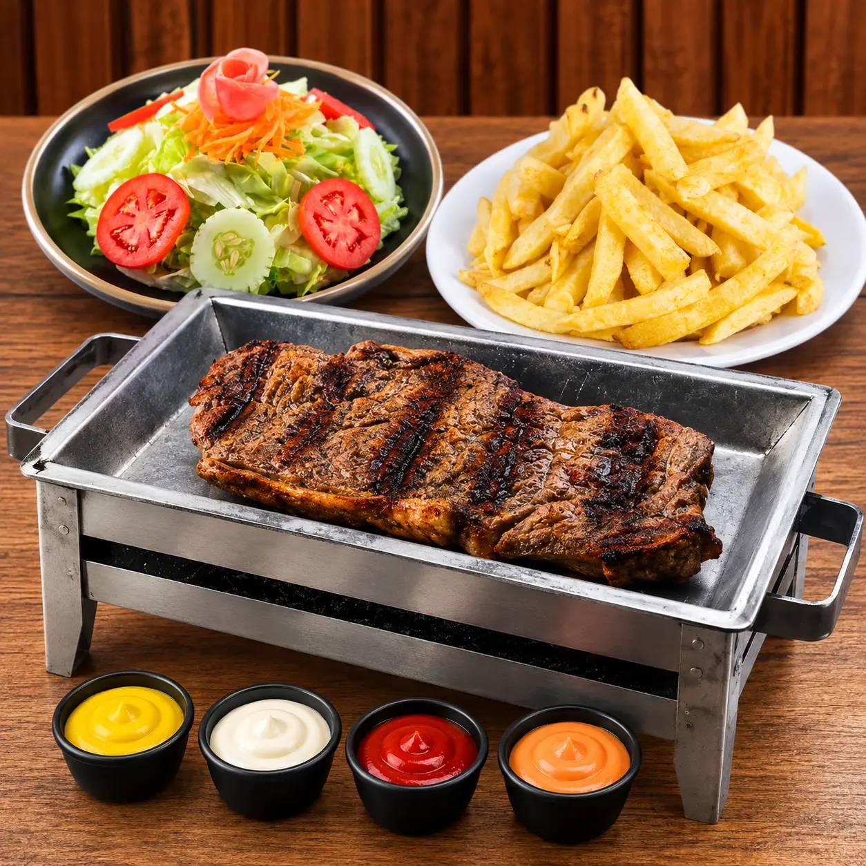 Bife a la parrilla: Bife 250 g con papas fritas, ensalada fresca y cremas
