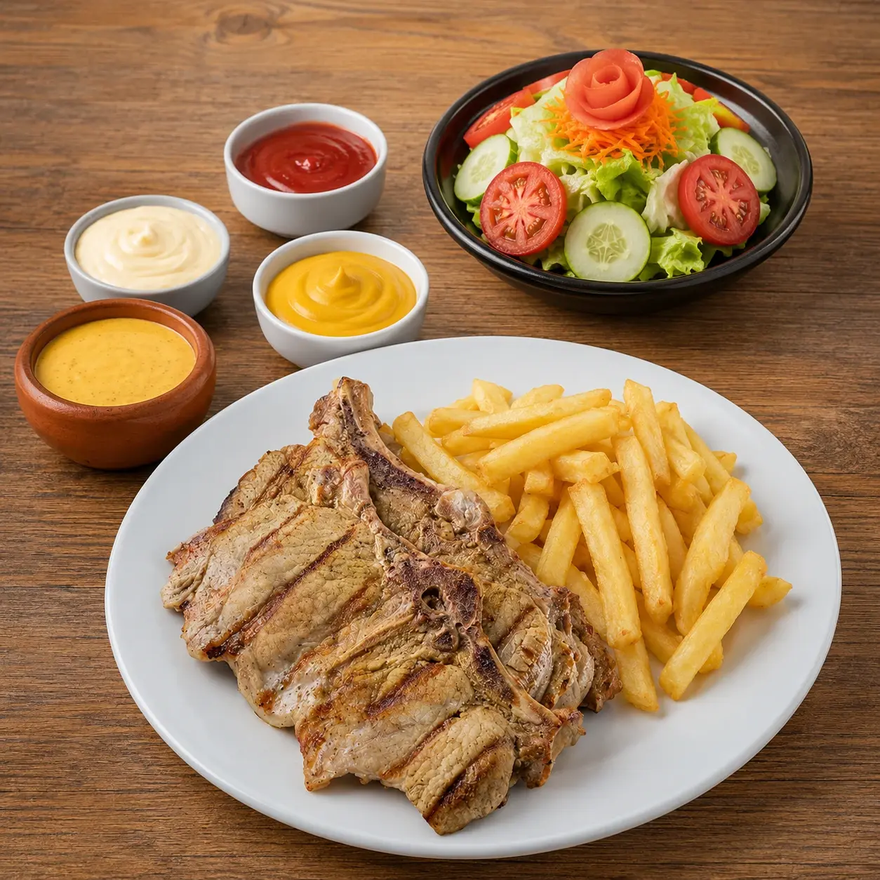 Chuleta a la parrilla: Chuleta 350 g con papas fritas, ensalada fresca y cremas