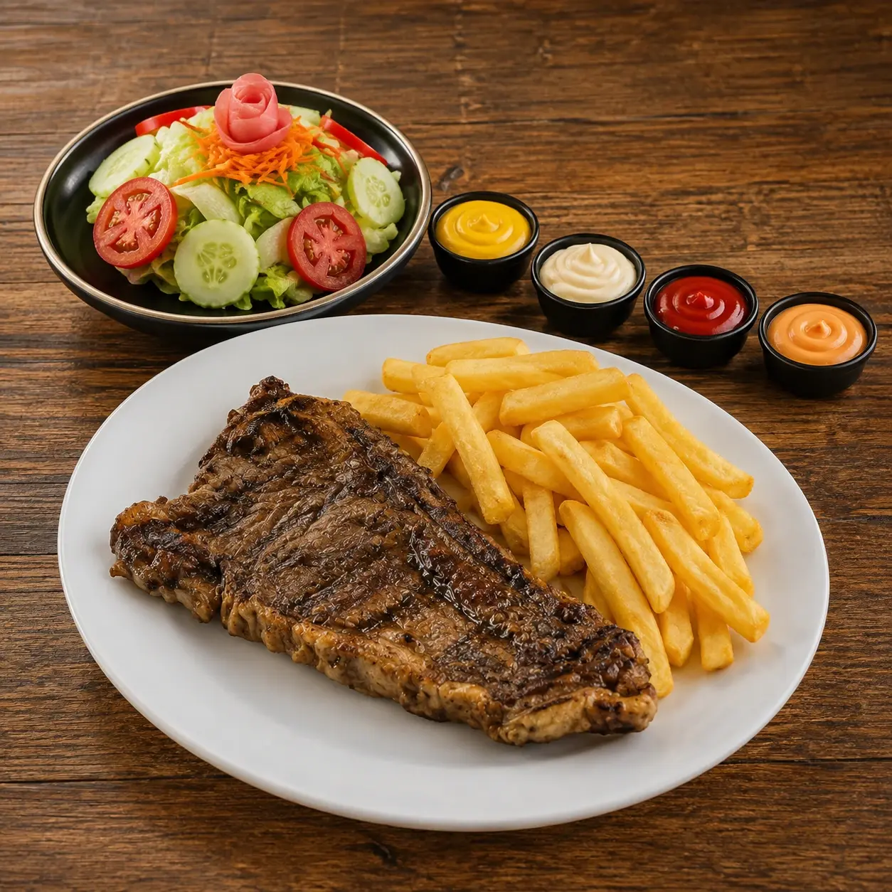 Churrasco a la parrilla: Churrasco con papas fritas, ensalada fresca y cremas