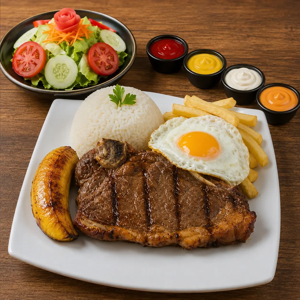 Churrasco a lo pobre: Churrasco con papas fritas, arroz blanco, huevo, platano frito y cremas