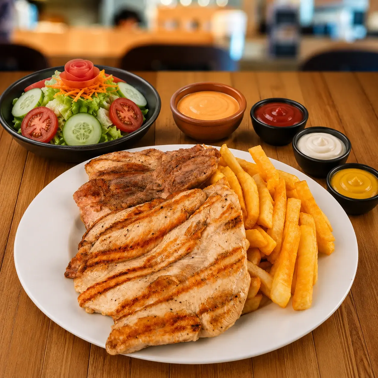 1/4 Pollo deshuesado: Pollo deshuesado a la parrilla con papas fritas y ensalada fresca