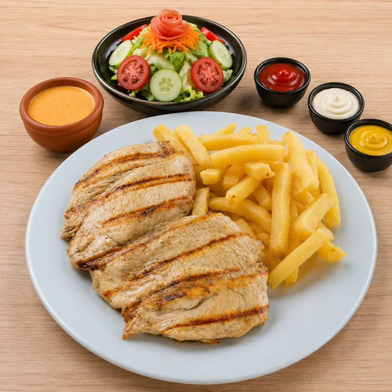 Filete de pechuga: Filete de pechuga a la parrilla con papas fritas y ensalada fresca