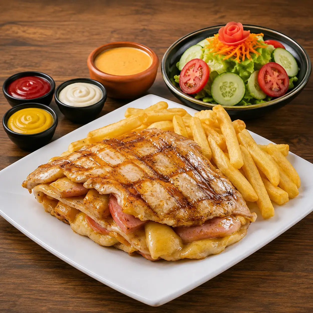 Pechuga campesina: Pechuga rellena con queso, jamon, champinones y tocino; con papas fritas y ensalada fresca