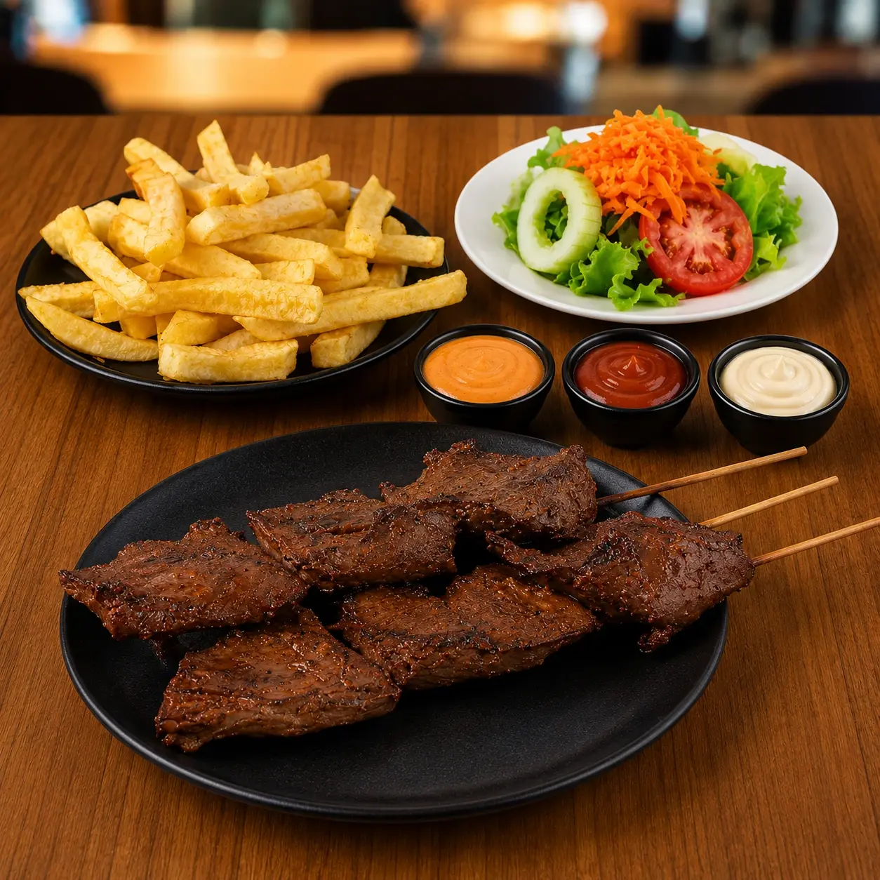 Porcion de anticucho: 2 palitos de anticucho con papas fritas y ensalada fresca