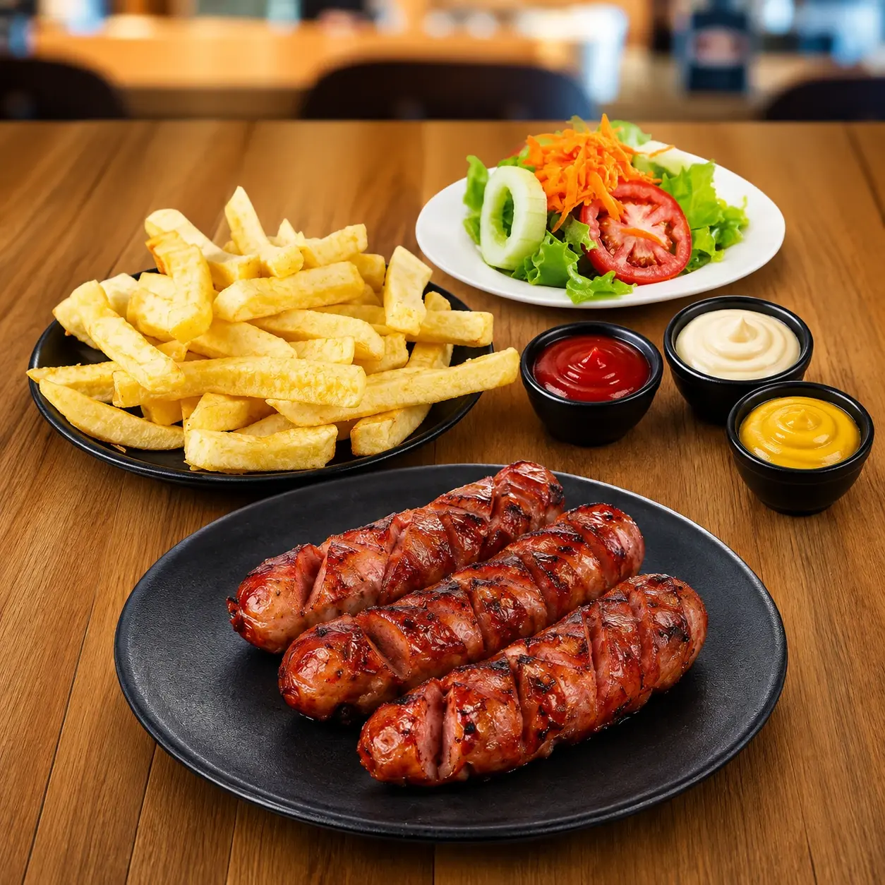Porcion de chorizo: 3 unidades de chorizo con papas fritas y ensalada fresca