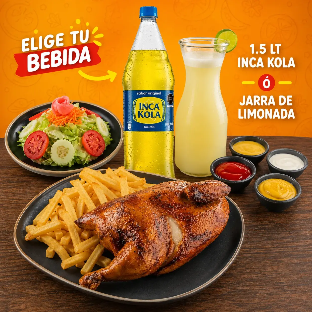 1/2 Pollo oferta 1.5 L: 1/2 pollo a la brasa + papas fritas + gaseosa 1.5 L o jarra de limonada y cremas
