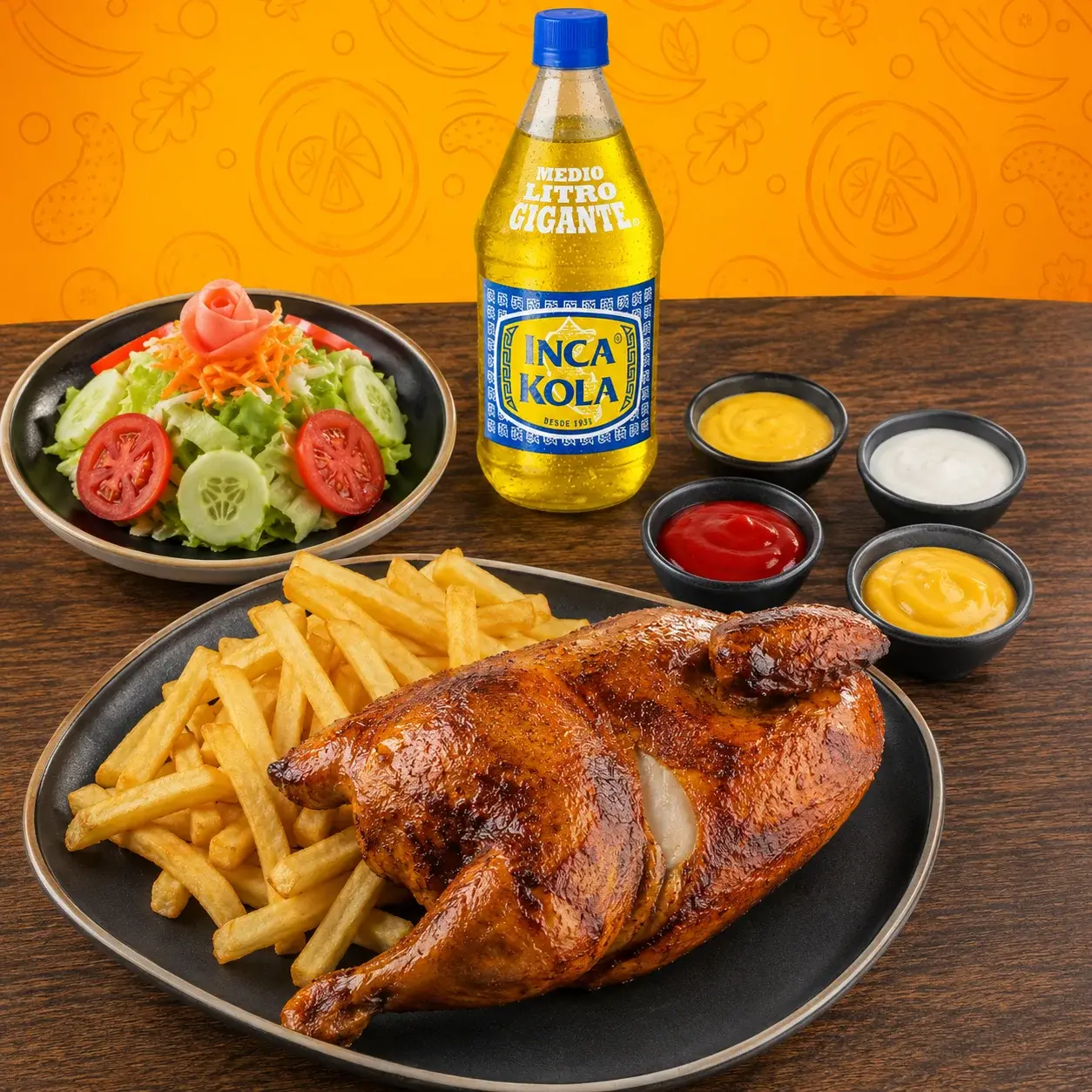 1/2 Pollo oferta gordita: 1/2 pollo a la brasa + papas fritas + gaseosa gordita y cremas