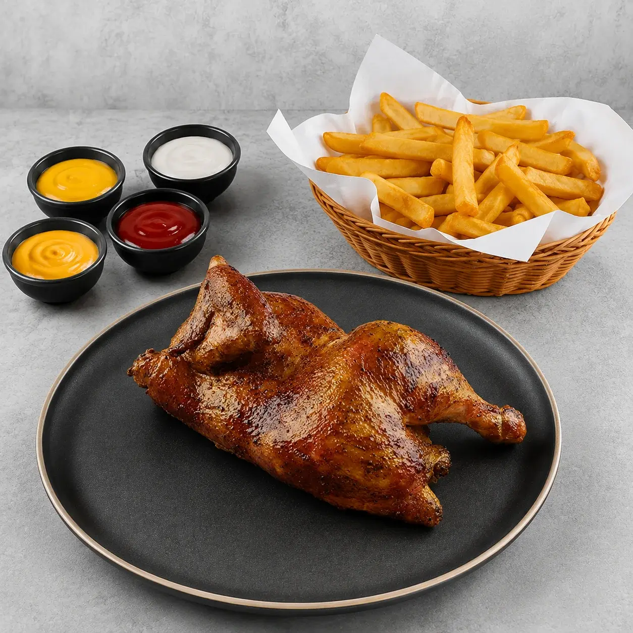 1/2 Pollo sin Ensalada: 1/2 pollo + papas crocantes + ricas cremas