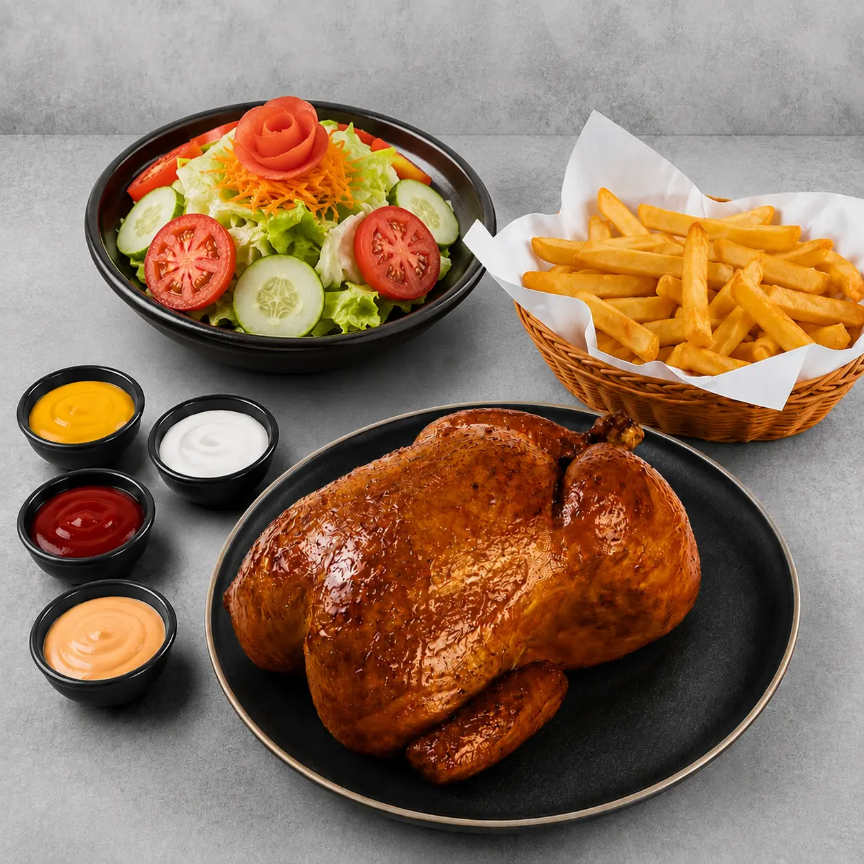 1 Pollo a la brasa: 1 pollo + papas fritas + ensalada mixta + cremas