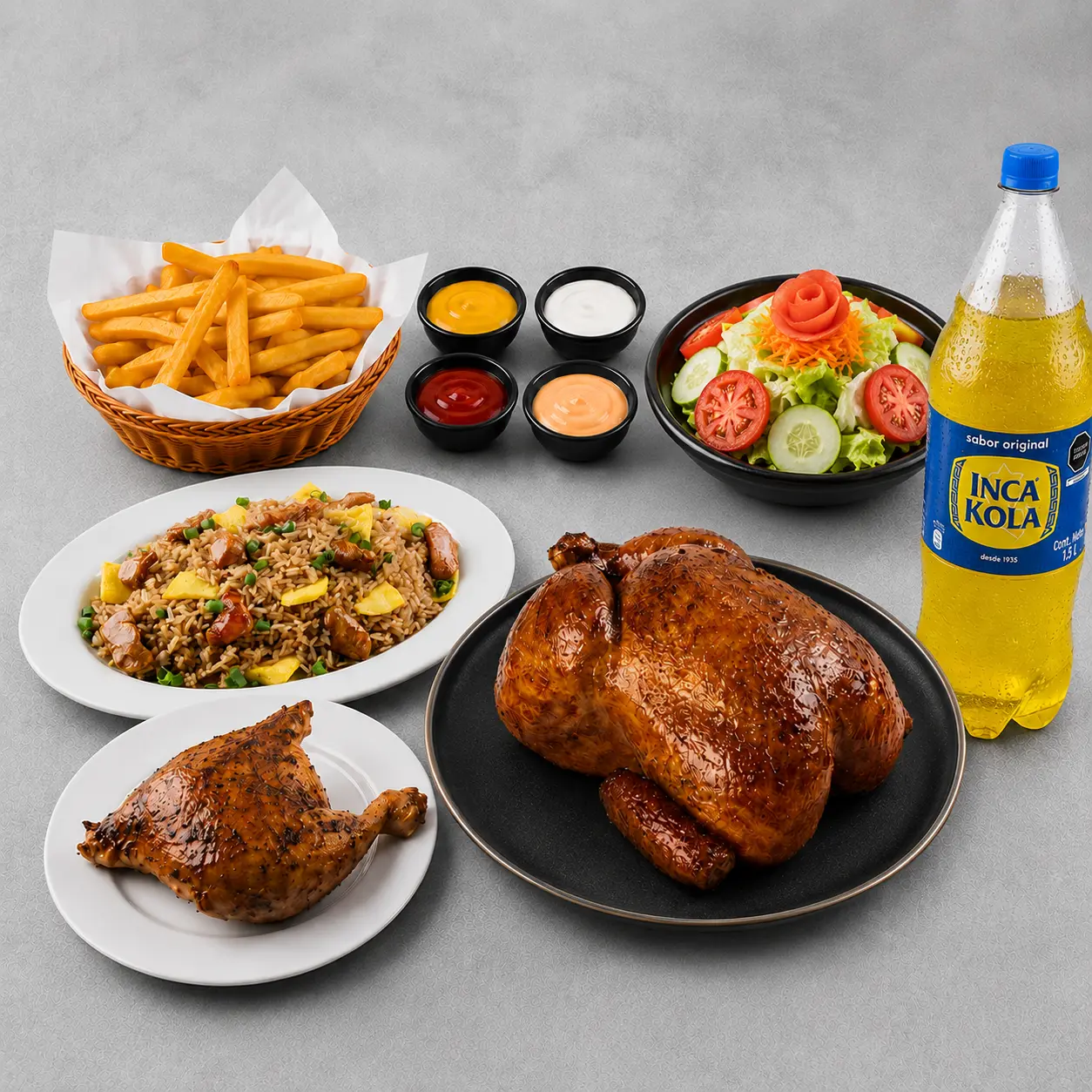 1 Pollo + 1/4 + chaufa: 1 pollo + 1/4 solo + arroz chaufa + papas fritas + ensalada mixta + cremas + gaseosa Inka Kola 1.5 L