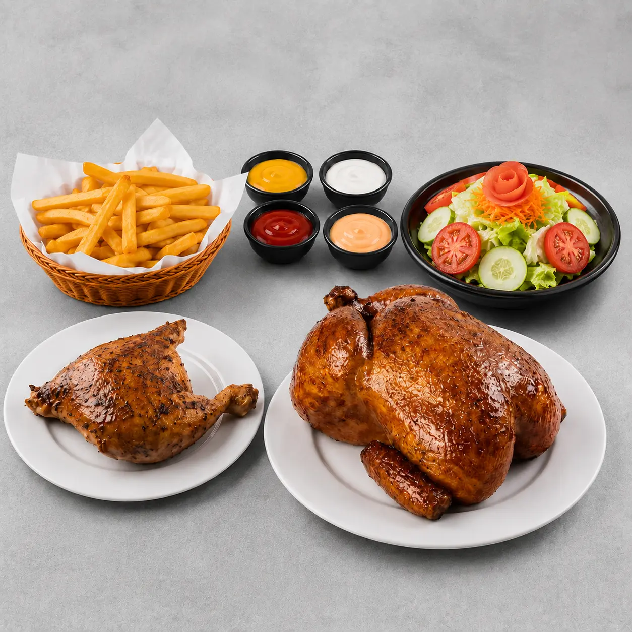1 Pollo + 1/4 solo: 1 pollo + 1/4 solo + papas fritas + ensalada mixta + cremas