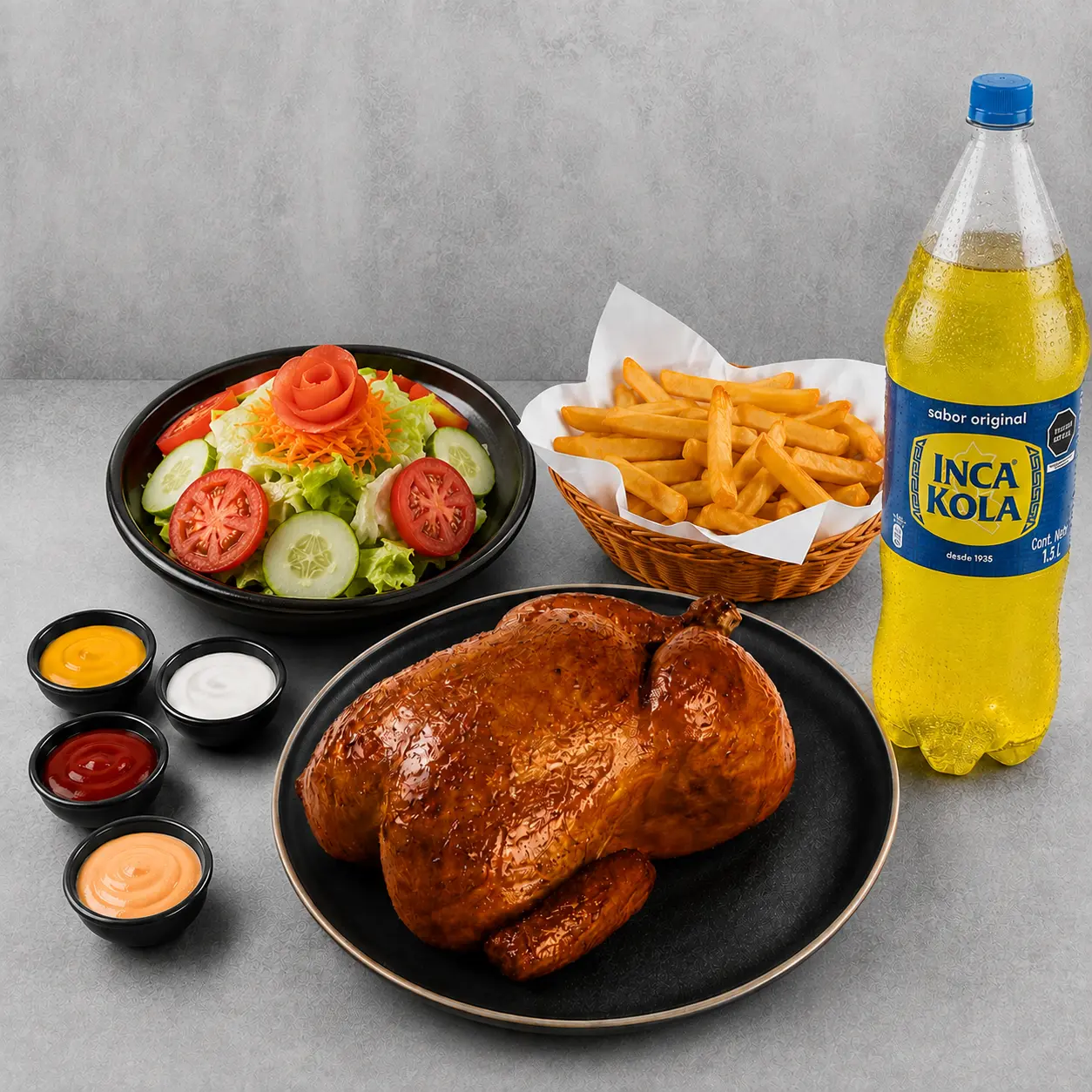 1 Pollo + gaseosa 1.5 L: 1 pollo + papas fritas + ensalada mixta + cremas + gaseosa Inka Kola 1.5 L