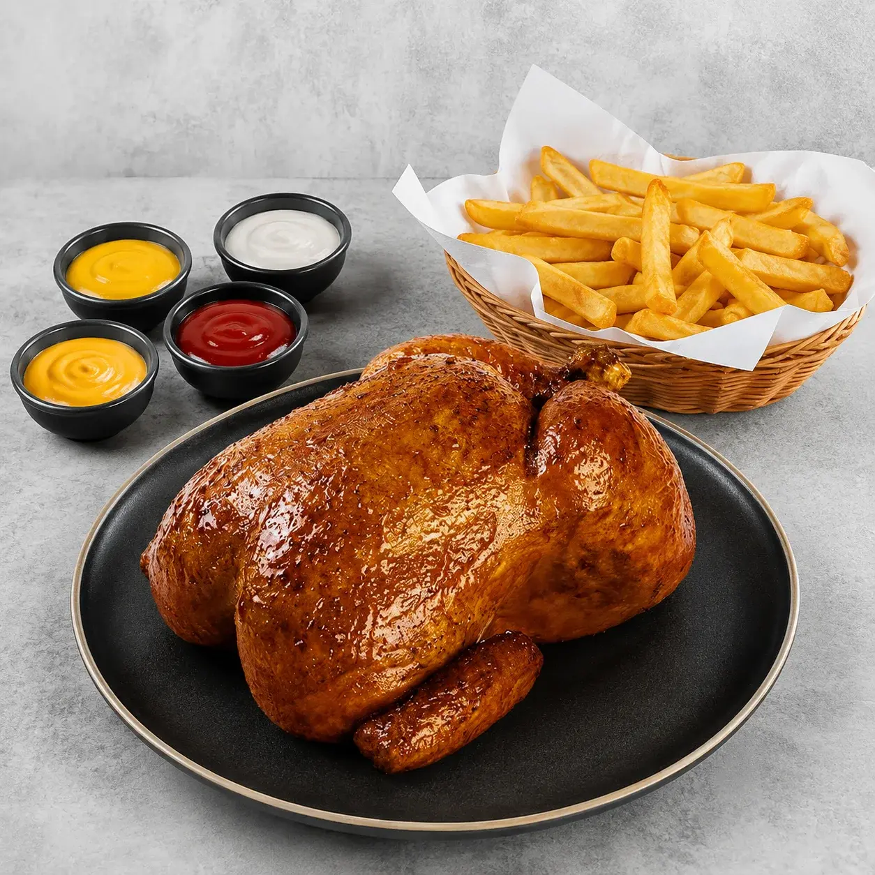 1 Pollo sin Ensalada: 1 pollo + papas crocantes + ricas cremas