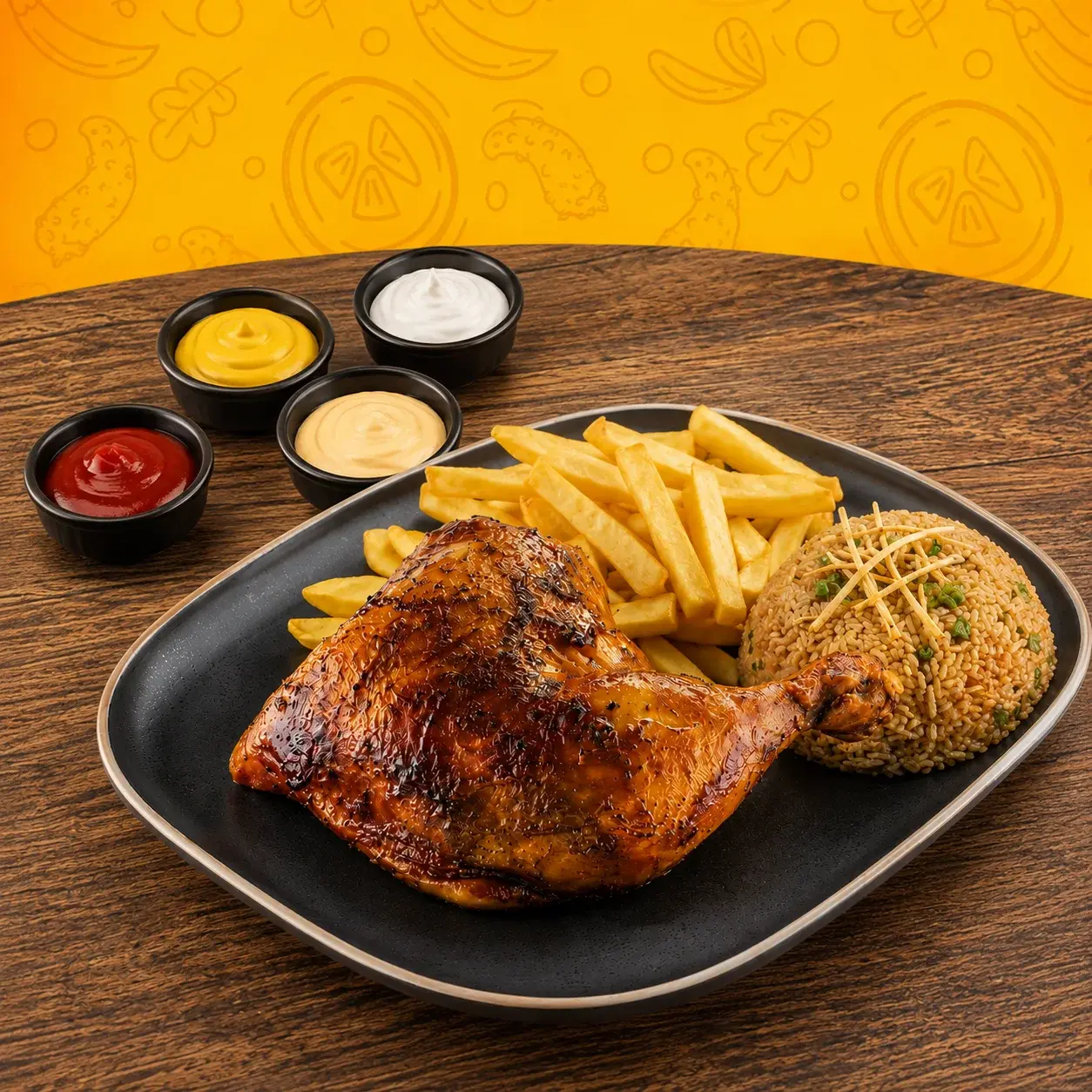 Mostrito sin Ensalada: 1/8 de Pollo, chaufa, papas crocantes y cremas